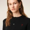 Black Wool Crewneck Cardigan with Contrasted Ami De Coeur Black Wool Crewneck Cardigan with Contrasted Ami De Coeur