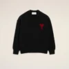 Black Wool Crewneck Sweater with Contrasted Ami De Coeur Black Wool Crewneck Sweater with Contrasted Ami De Coeur