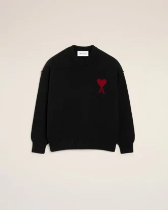 Black Wool Crewneck Sweater with Contrasted Ami De Coeur