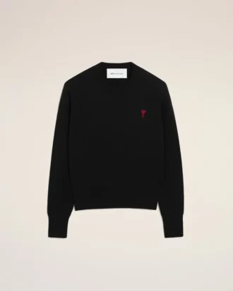 Black Wool Crewneck Sweater with Contrasted Ami De Coeur