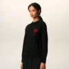 Black Wool Crewneck Sweater with Contrasted Ami De Coeur Black Wool Crewneck Sweater with Contrasted Ami De Coeur