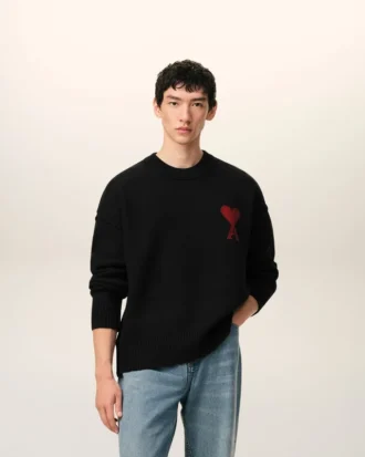 Black Wool Crewneck Sweater with Contrasted Ami De Coeur