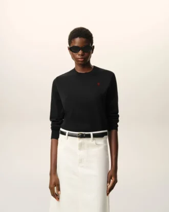 Black Wool Crewneck Sweater with Contrasted Ami De Coeur