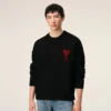 Black Wool Crewneck Sweater with Contrasted Ami De Coeur Black Wool Crewneck Sweater with Contrasted Ami De Coeur