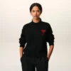 Black Wool Crewneck Sweater with Contrasted Ami De Coeur Black Wool Crewneck Sweater with Contrasted Ami De Coeur