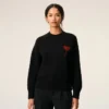 Black Wool Crewneck Sweater with Contrasted Ami De Coeur Black Wool Crewneck Sweater with Contrasted Ami De Coeur