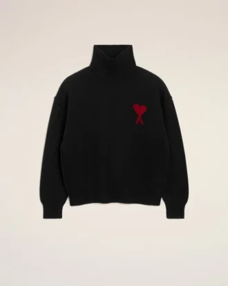 Black Wool Funnel Neck Sweater with Contrasted Ami De Coeur