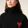 Black Wool Funnel Neck Sweater with Contrasted Ami De Coeur Black Wool Funnel Neck Sweater with Contrasted Ami De Coeur