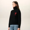 Black Wool Funnel Neck Sweater with Contrasted Ami De Coeur Black Wool Funnel Neck Sweater with Contrasted Ami De Coeur