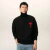 Black Wool Funnel Neck Sweater with Contrasted Ami De Coeur Black Wool Funnel Neck Sweater with Contrasted Ami De Coeur