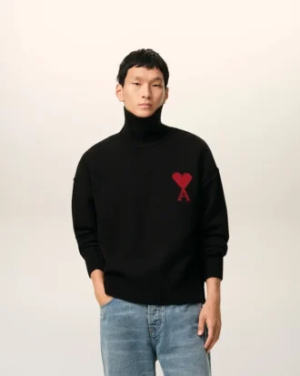 Black Wool Funnel Neck Sweater with Contrasted Ami De Coeur