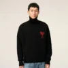 Black Wool Funnel Neck Sweater with Contrasted Ami De Coeur Black Wool Funnel Neck Sweater with Contrasted Ami De Coeur