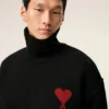Black Wool Funnel Neck Sweater with Contrasted Ami De Coeur Black Wool Funnel Neck Sweater with Contrasted Ami De Coeur