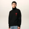 Black Wool Funnel Neck Sweater with Contrasted Ami De Coeur Black Wool Funnel Neck Sweater with Contrasted Ami De Coeur