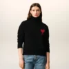 Black Wool Funnel Neck Sweater with Contrasted Ami De Coeur Black Wool Funnel Neck Sweater with Contrasted Ami De Coeur