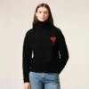 Black Wool Funnel Neck Sweater with Contrasted Ami De Coeur Black Wool Funnel Neck Sweater with Contrasted Ami De Coeur