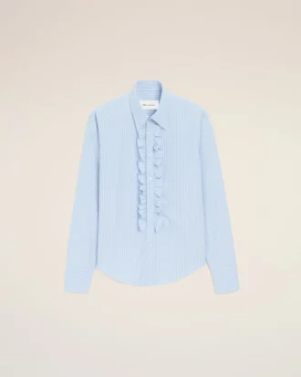 Blue Cotton Long Sleeve Ruffled Adjusted Shirt