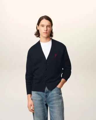 Blue Wool Cardigan with Contrasted Ami De Coeur Blue Wool Cardigan with Contrasted Ami De Coeur