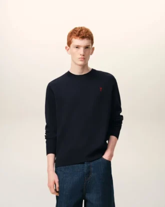 Blue Wool Crewneck Sweater with Contrasted Ami De Coeur