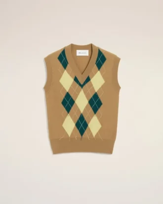 Brown Wool and Cotton Argyle Intarsia Sleeveless Sweater Brown Wool and Cotton Argyle Intarsia Sleeveless Sweater