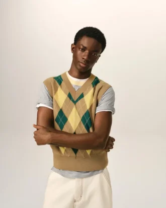 Brown Wool and Cotton Argyle Intarsia Sleeveless Sweater Brown Wool and Cotton Argyle Intarsia Sleeveless Sweater