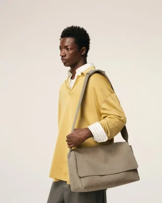 Grey Cow Leather Large Flap Carrousel Bag