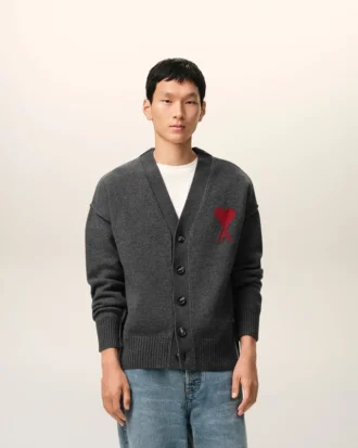 Grey Wool Cardigan with Contrasted Ami De Coeur Grey Wool Cardigan with Contrasted Ami De Coeur