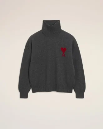 Grey Wool Funnel Neck Sweater with Contrasted Ami De Coeur