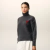 Grey Wool Funnel Neck Sweater with Contrasted Ami De Coeur Grey Wool Funnel Neck Sweater with Contrasted Ami De Coeur