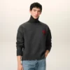 Grey Wool Funnel Neck Sweater with Contrasted Ami De Coeur Grey Wool Funnel Neck Sweater with Contrasted Ami De Coeur