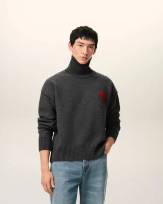 Grey Wool Funnel Neck Sweater with Contrasted Ami De Coeur