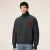 Grey Wool Funnel Neck Sweater with Contrasted Ami De Coeur Grey Wool Funnel Neck Sweater with Contrasted Ami De Coeur