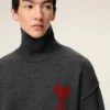 Grey Wool Funnel Neck Sweater with Contrasted Ami De Coeur Grey Wool Funnel Neck Sweater with Contrasted Ami De Coeur