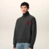 Grey Wool Funnel Neck Sweater with Contrasted Ami De Coeur Grey Wool Funnel Neck Sweater with Contrasted Ami De Coeur