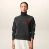 Grey Wool Funnel Neck Sweater with Contrasted Ami De Coeur Grey Wool Funnel Neck Sweater with Contrasted Ami De Coeur