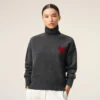 Grey Wool Funnel Neck Sweater with Contrasted Ami De Coeur Grey Wool Funnel Neck Sweater with Contrasted Ami De Coeur