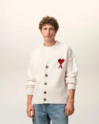 Natural Wool Cardigan with Contrasted Ami De Coeur Natural Wool Cardigan with Contrasted Ami De Coeur