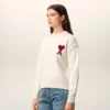 Natural Wool Crewneck Sweater with Contrasted Ami De Coeur Natural Wool Crewneck Sweater with Contrasted Ami De Coeur