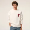 Natural Wool Crewneck Sweater with Contrasted Ami De Coeur Natural Wool Crewneck Sweater with Contrasted Ami De Coeur