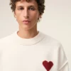 Natural Wool Crewneck Sweater with Contrasted Ami De Coeur Natural Wool Crewneck Sweater with Contrasted Ami De Coeur