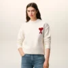 Natural Wool Crewneck Sweater with Contrasted Ami De Coeur Natural Wool Crewneck Sweater with Contrasted Ami De Coeur