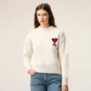 Natural Wool Crewneck Sweater with Contrasted Ami De Coeur Natural Wool Crewneck Sweater with Contrasted Ami De Coeur