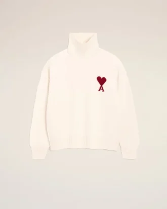 Natural Wool Funnel Neck Sweater with Contrasted Ami De Coeur