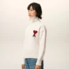 Natural Wool Funnel Neck Sweater with Contrasted Ami De Coeur Natural Wool Funnel Neck Sweater with Contrasted Ami De Coeur