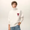 Natural Wool Funnel Neck Sweater with Contrasted Ami De Coeur Natural Wool Funnel Neck Sweater with Contrasted Ami De Coeur
