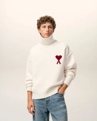 Natural Wool Funnel Neck Sweater with Contrasted Ami De Coeur