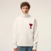 Natural Wool Funnel Neck Sweater with Contrasted Ami De Coeur Natural Wool Funnel Neck Sweater with Contrasted Ami De Coeur
