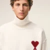 Natural Wool Funnel Neck Sweater with Contrasted Ami De Coeur Natural Wool Funnel Neck Sweater with Contrasted Ami De Coeur