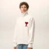 Natural Wool Funnel Neck Sweater with Contrasted Ami De Coeur Natural Wool Funnel Neck Sweater with Contrasted Ami De Coeur