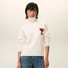 Natural Wool Funnel Neck Sweater with Contrasted Ami De Coeur Natural Wool Funnel Neck Sweater with Contrasted Ami De Coeur